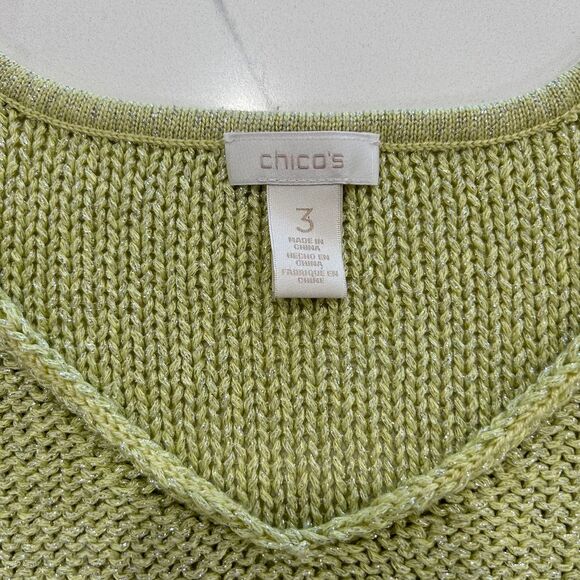 Chico's Lime Green Metallic V-Neck Sweater Women's Knit Top Size 3 Large Holiday - Picture 3 of 9